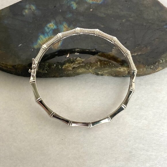Sterling Silver 925 DBJ Oval Bamboo Hinged Diamond Bangle Bracelet Sz 7.25" - Picture 5 of 16